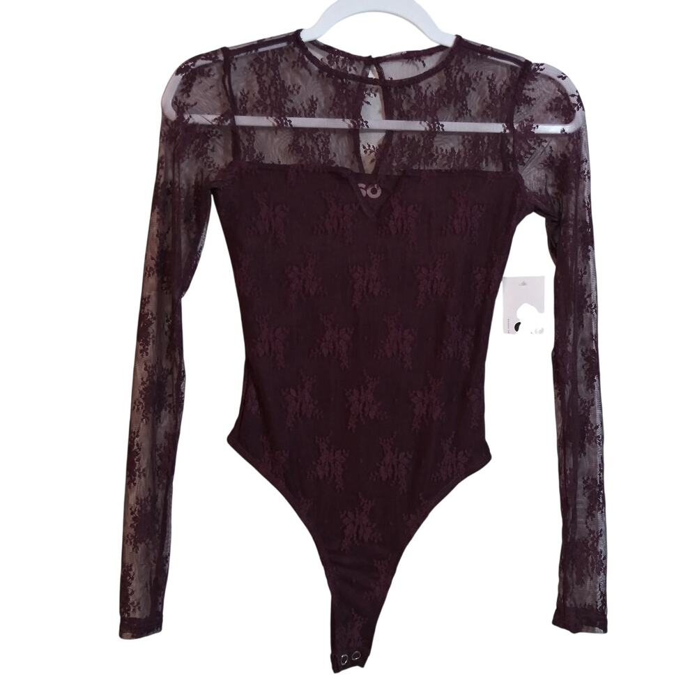 SO Out Of Office Wine Lace Long Sleeve Bodysuit Juniors Size XS